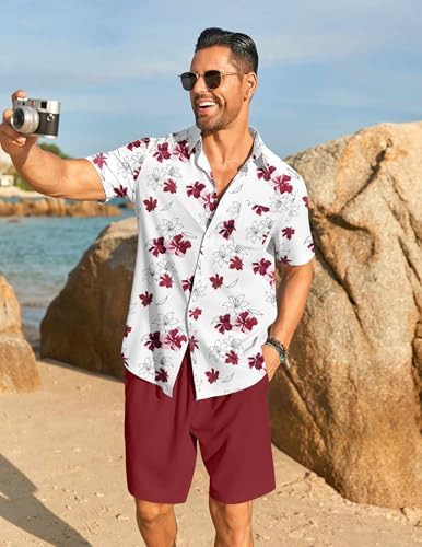 COOFANDY Men's Hawaiian 2 Piece Outfits Floral Button Down Shirt and Shorts Vacation Outfits Summer Beach Matching Set - Image 3