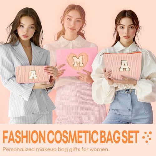 2 PCS Initial Makeup Bags for Women: Cosmetic Bag for Travel Toiletry - Birthday Gifts for 11 12 13 14 15 16 17 18 Years Old Girl Graduation Teacher Gift- Teen Girl Gifts Trendy Stuff - Orange S - Image 2