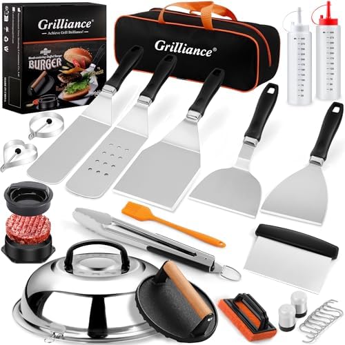 Grilliance 27pcs Griddle Accessories Kit for Blackstone, Professional Hibachi Flat Top Grill Tools, Enlarged Spatula Gift Set with Basting Cover，Burger Press Patty Maker for Outdoor BBQ Teppanyaki by GrillianceBBQSET
