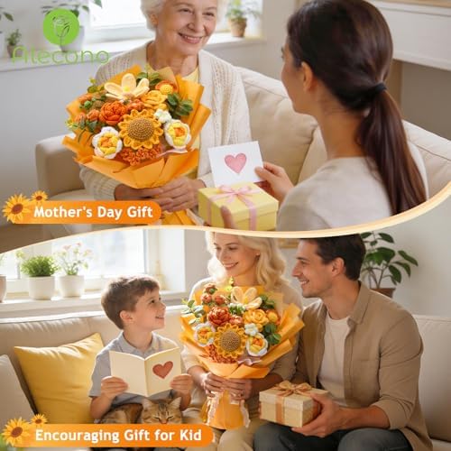 Alecono Large Orange Crochet Sunflower Bouquet Handmade Knitted Floral Set - Image 5