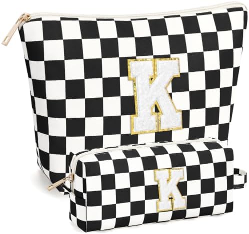 mibasies 2 PCS Initial Makeup Bags for Women: Cosmetic Bag for Travel Toiletry - Birthday Gifts for Teen Girl Gifts Trendy Stuff - Graduation Teacher Gift for Girlfriend -Checkered Black K by mibasies