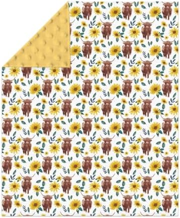 Highland Cow Yellow Sunflowers Baby Blankets for Girl Boy Highland Yak Boho Floral Soft Mink Dotted Backing Double Layer Swaddle Blanket Vintage Farm Animal Bed Throws for Newborn Toddler Crib 30x40 - Image 2
