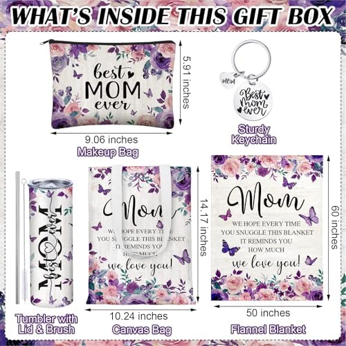 Geiserailie 5 Pcs Birthday Gift Set for Mom Include Purple Butterfly Flower Blanket 20oz Stainless Steel Tumbler with Straw and Brush Best Mom Ever Makeup Bag Keychain for Mother from Daughter Son - Image 3