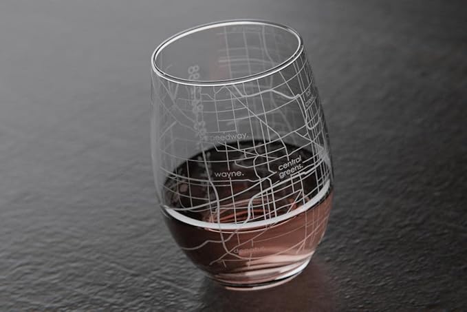 Well Told Engraved Indianapolis Indiana Map Stemless Wine Glass, Etched Glass (15 oz, Clear) City Custom Gifts for Lovers