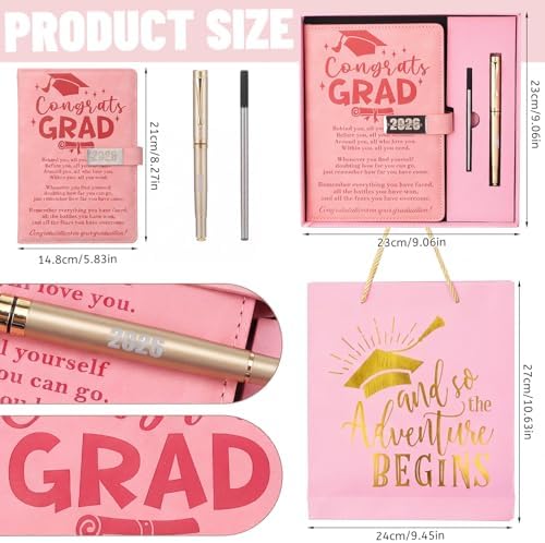 Christmas 2026 Congrats Grad Birthday Gift Pink Leather Notebook with Pen - Image 2