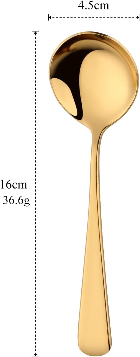 Buyer Star 8 Pieces Stainless Steel Round Soup Spoon, 6.3 Inch Mirror Polished Spoon Cutlery, Dishwasher Safe (Gold)