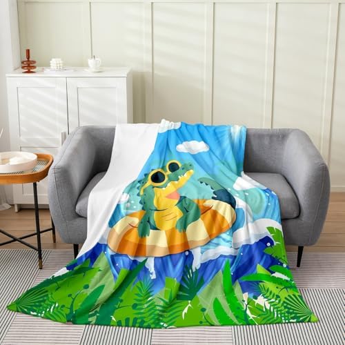 Erosebridal Crocodile Flannel Blanket Throw 50x60 Inch Swimming Ring Fleece Blanket Sunglasses Sunshine Foliage Fuzzy Plush Throw Birds Cloud Ocean Waves Living Room Decor by Erosebridal