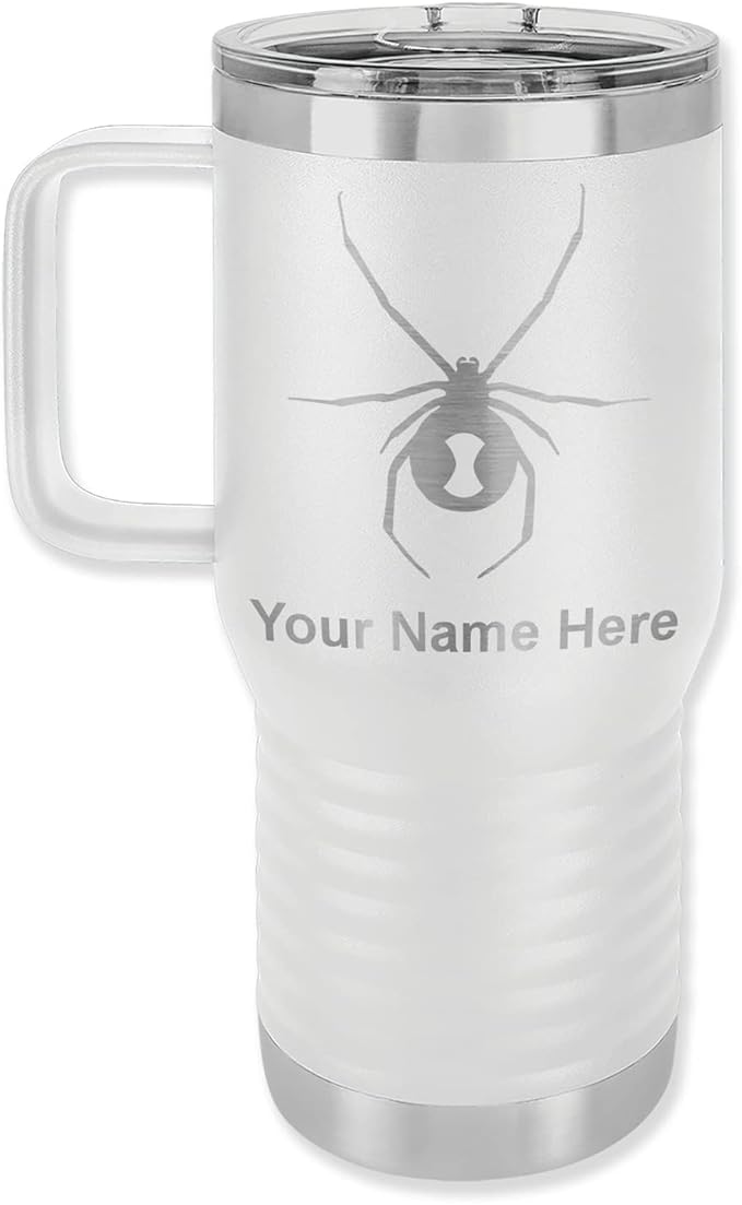LaserGram 20oz Vacuum Insulated Travel Mug with Handle Widow Spider, Personalized Engraving Included (White)