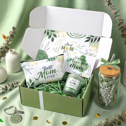 Bokon 6 Pcs Birthday Gifts for Mom Best Mom Ever Gifts Box Set with 16oz Glass Cup Scented Candle Makeup Bag from Daughter Son for Wife Mother Day Party(Sage Green) - Image 6