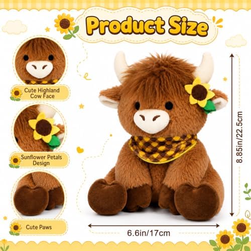 Sunflower Highland Cow Plush- Cow Stuffy Checkered Handkerchief Decor - Image 3