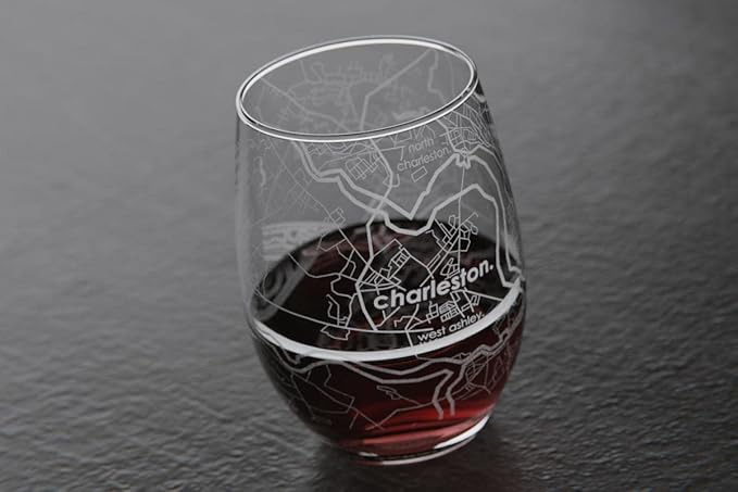 Well Told Engraved Charleston South Carolina Map Stemless Wine Glass, Etched Glassware (15 oz, Clear) City Map Gift, Custom Barware, Gifts for Wine Lovers