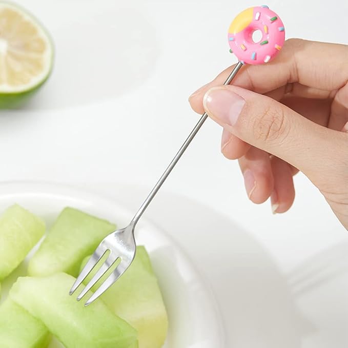 8 Pcs Stainless Steel Drink Fork Set Donut Silver Forks Cutlery Set for Cake,Ice Cream,appetizers,Salad,Dessert.Donut Shape Fruits Forks