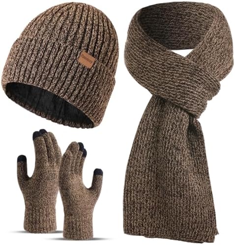 floconssy Men's Winter Hat Scarf Gloves Set of 3, Knit Thermal Combo Gifts by floconssy