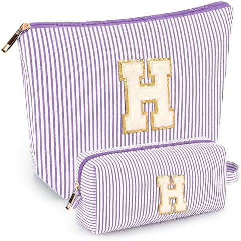 2 PCS Initial Makeup Bags for Women: Cosmetic Bag for Travel Toiletry - Birthday Gifts for 11 12 13 14 15 16 17 18 Years Old Girl Graduation Teacher Gift- Teen Girl Gifts Trendy Stuff - Purple H by mibasies