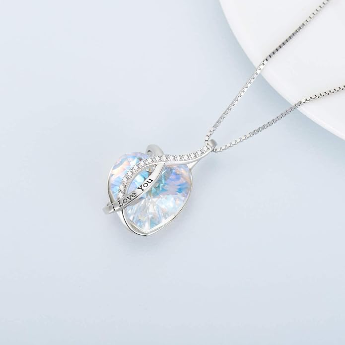 AOBOCO I Love You Sterling Silver 12 Birthstone Heart Pendant Necklace Embellished with Crystals from Austria, Mother's Day Anniversary Birthday Jewelry Christmas Gifts for Women Grandma Nana