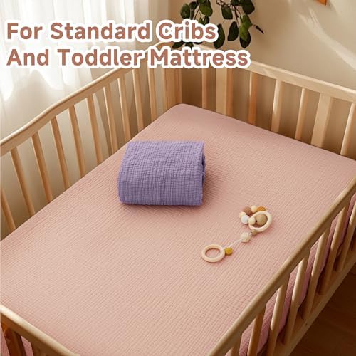 Pro Goleem 2 Pack Muslin Crib Sheets for Girls, Soft Breathable Fitted Cotton Baby Bed Sheets Set for Standard Crib Mattress & Toddler Mattress 52"x28", (Pink＆Purple) - Image 3