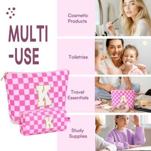 mibasies 2 PCS Initial Makeup Bags for Women: Cosmetic Bag for Travel Toiletry - Birthday Gifts for Teen Girl Gifts Trendy Stuff - Graduation Teacher Gift for Girlfriend -Checkered Rose Red K - Image 4