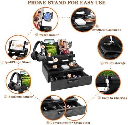 VEIYAILU Gifts for Him Husband Boyfriend Son Men Nightstand Organizer Wood Phone Docking Station Birthday Gifts (Black) - Image 4