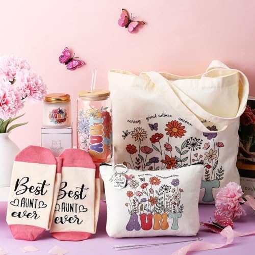 Funnymoom 6 Pcs Auntie Gifts for Women, Best Aunt Brithday Gifts from Niece Nephew with 17 oz Glass Cup Canvas Tote Bag for Auntie Birthday Wedding - Image 2