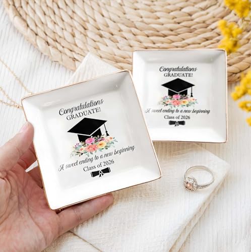 Graduation Gift for Her 2026 – Cap & Flowers Graduate 4" Ceramic Jewelry Dish – Class of 2026 Gift for Daughter, Sister, Friend– High School, College or University Graduate Keepsake Jewelry Tray Gifts - Image 4