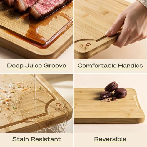 ROYAL CRAFT WOOD Wooden Cutting Boards for Kitchen Meal Prep & Serving - Bamboo Wood Serving Board Set with Deep Juice Groove Side Handles - Charcuterie & Chopping Butcher Block for Meat - Image 3