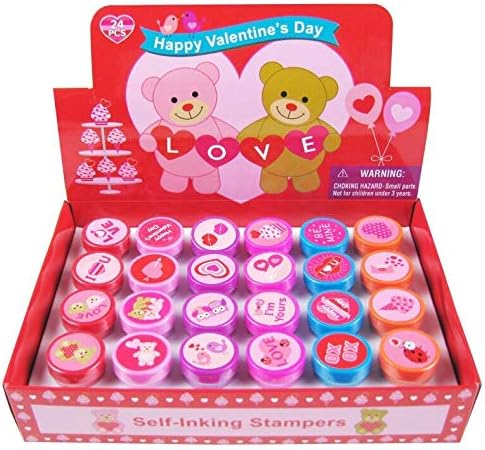 TINYMILLS Valentine’s Day Stampers for Kids 24 Pack – Cute Self-Inking Valentine Stampers for Classroom Exchange, Party Favors, Goody Bag & Treat Bag Fillers, Valentine Party Supplies