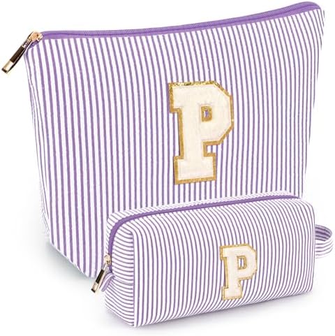2 PCS Initial Makeup Bags for Women: Cosmetic Bag for Travel Toiletry - Birthday Gifts for 11 12 13 14 15 16 17 18 Years Old Girl Graduation Teacher Gift- Teen Girl Gifts Trendy Stuff - Purple P by mibasies