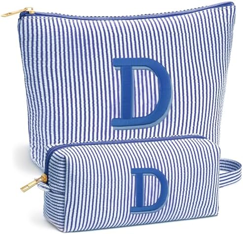 Travel Essentials - Portable Travel Makeup Bag Set for Women, Custom Portable Initial Travel Toiletry Bag, Makeup Pouch Organizer Cosmetic Bag Birthday Gifts for Women, Blue Letter D by Fohufo