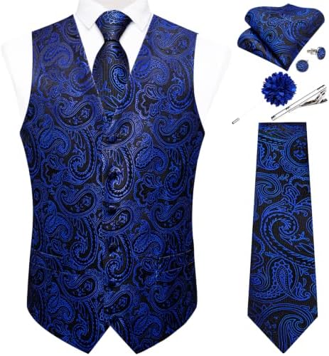 DiBanGu Mens Vest and Tie Set Formal Paisley Waistcoat and Necktie Pocket Square Cufflinks Silk Suit Vest for Tuxedo Wedding by DiBanGu