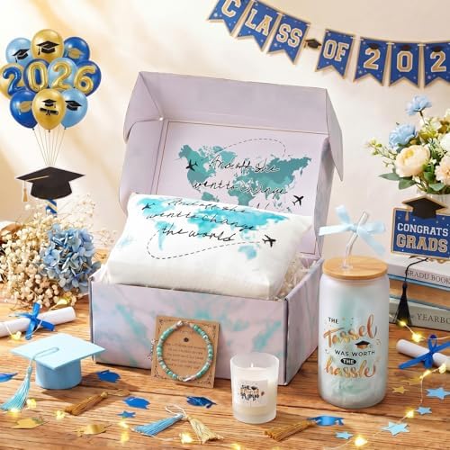Potchen 7 Pcs Graduation Gifts for Girl Her Class of 2026 College High Graduation Gifts Box Set with 16oz Glass Cup Cosmetic Bag Bracelet Scented Candle with Box for Women Daughter Friend(Green) - Image 5