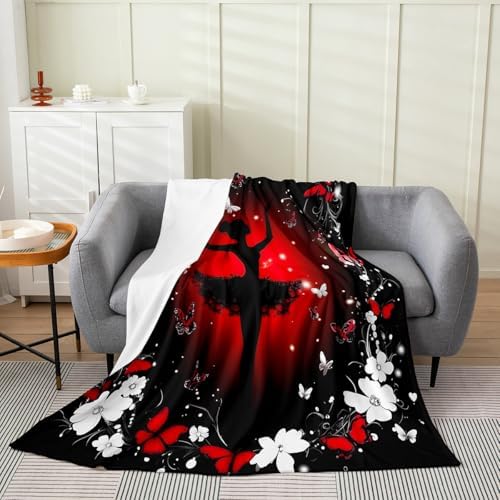 Erosebridal Ballet Flannel Blanket Twin 60x80 Inch Butterfly Fleece Blanket Dancers Silhouette Flowers Fuzzy Plush Throw Red Black Girls Lace Living Room Decor by Erosebridal