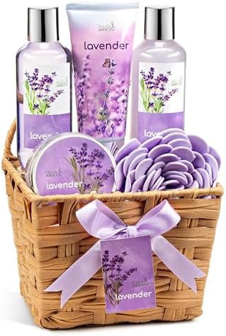 Lavender Bath and Body Gift Set for Women in Wicker Basket by FreidaandJoe