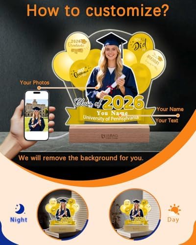 Personalized Graduation Gifts Custom Photo Name Night Light Black and Gold LED Table Lamp for 2026 University High School Senior Keepsake(Balloon) - Image 2