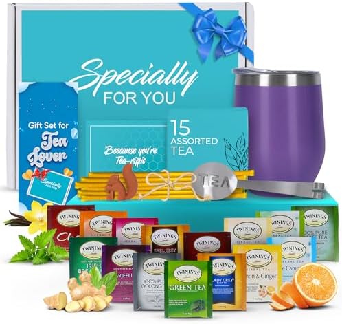 Modern Elegance Tea Gift Set, Includes 15 Teas, Stainless Steel Tumbler, Honey Straws, Tea Spoon Squeezer, Squirrel Tea Bag Holder (Purple) by ModernElegance