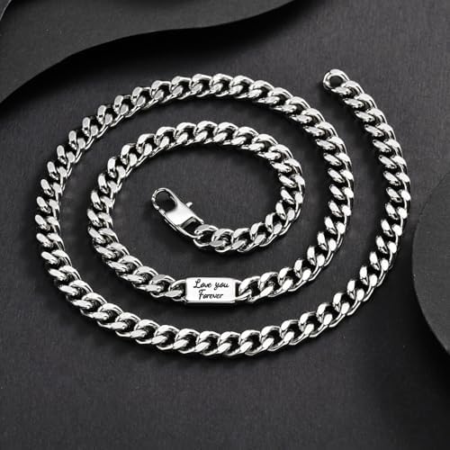 MEALGUET Cuban Link Chain Necklace for Men : Men's 316L Stainless Steel Silver Love You Forever Engraved Curb Chains Necklaces for Son Grandson Nephew Boyfriend, Jewelry Gifts for Birthday Valentines - Image 6