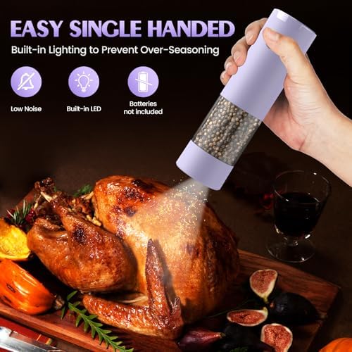 Salt and Pepper Grinder Set Gifts for Women Automatic Battery Purple Pepper Mill Shakers Kitchen Accessories Cooking for Mom, Adjustable Coarseness Salt Pepper Shakers White Elephant Gift - Image 3