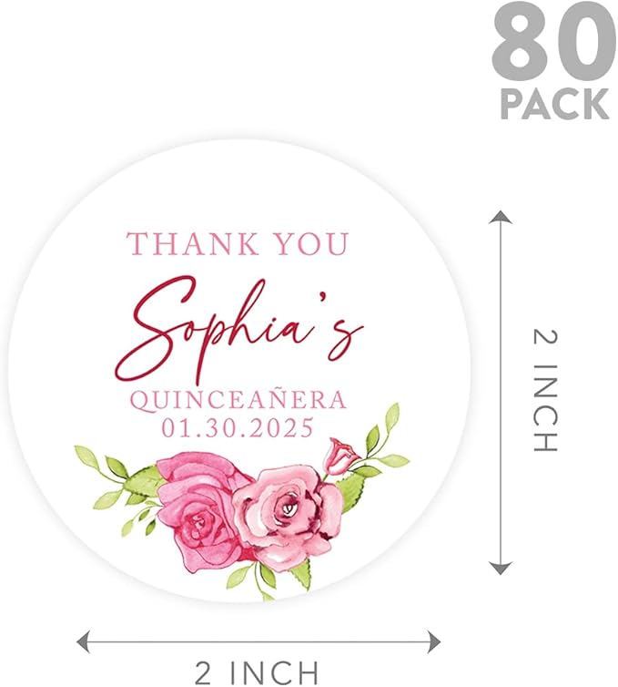 Andaz Press 40-Pack Personalized 2" Round Circle Quinceañera Labels, Pink Roses Custom Thank You Sticker Labels for Mis Quince Favors, Invitations, XV, 15th Birthday Quinceanera Decorations