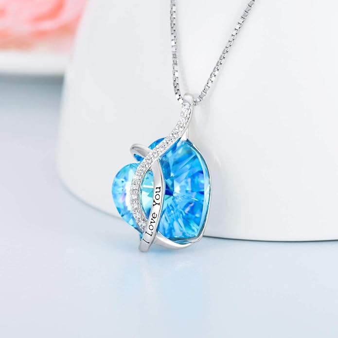 AOBOCO I Love You Sterling Silver 12 Birthstone Heart Pendant Necklace Embellished with Crystals from Austria, Mother's Day Anniversary Birthday Jewelry Christmas Gifts for Women Grandma Nana