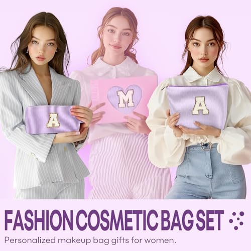 2 PCS Initial Makeup Bags for Women: Cosmetic Bag for Travel Toiletry - Birthday Gifts for 11 12 13 14 15 16 17 18 Years Old Girl Graduation Teacher Gift- Teen Girl Gifts Trendy Stuff - Purple C - Image 2