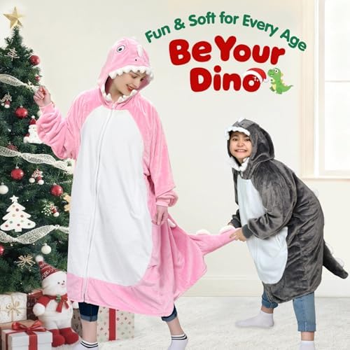 Waitu Dinosaur Wearable Blanket Hoodie Funny Halloween Costumes Gifts for Women Men Boys Girls, Zipper Hoodie Blanket Sweatshirt Cozy Unisex Flannel Dinosaur Costume Cute Gifts (Adult, Bright Pink) - Image 3