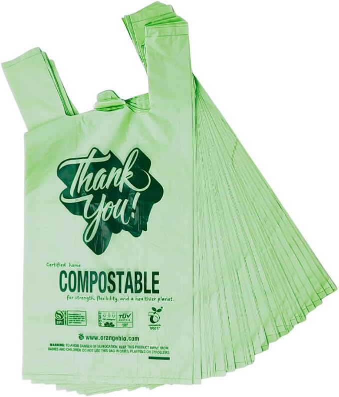 (Small) OrangeBio Certified Home Compostable Shopping Bags, 500 ct, Hold 12 lbs, 8" x 5" x 16.5", Thank You/Grocery/Take Out/T Shirt/To-Go Bags for Retail, Grocery Store