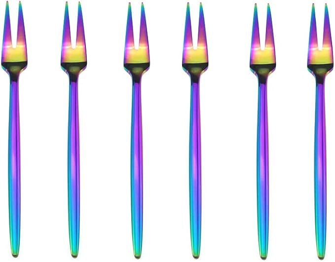 Gugrida 6-Piece Fruit Fork 18/10 Stainless Steel Luxury Mirror Polished Rainbow Colorful Dessert Fork Silverware Flatware Cutlery