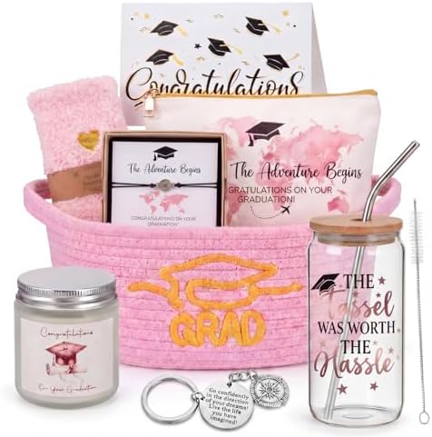 Zopeal Graduation Gift Basket for Her 2026,Graduation Gift Set with Glass Tumbler,Makeup Bag,Candle,Socks,Bracelet,Keychain,Card,College Grad Gifts for Her Women Daughter Granddaughter (Pink) by Zopeal