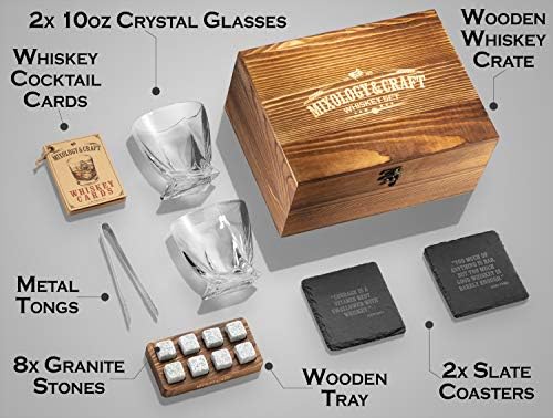 Mixology Whiskey Stones Gift Set for Men - Pack of 2, 10 oz Whiskey Glasses w/ 8 Granite Chilling Rocks, 2 Coasters, Metal Tong & Cocktail Cards in Wooden Box - Twist - Image 3