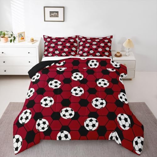 Erosebridal Football Bedding King,Soccer Ball Comforter Set Sports Theme Bed Sets Red and Black Duvet Insert 3 Pieces by Erosebridal