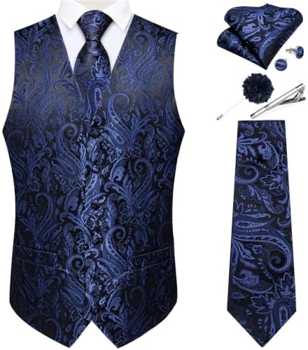 DiBanGu Mens Vest and Tie Set Formal Paisley Waistcoat and Necktie Pocket Square Cufflinks Silk Suit Vest for Tuxedo Wedding by DiBanGu