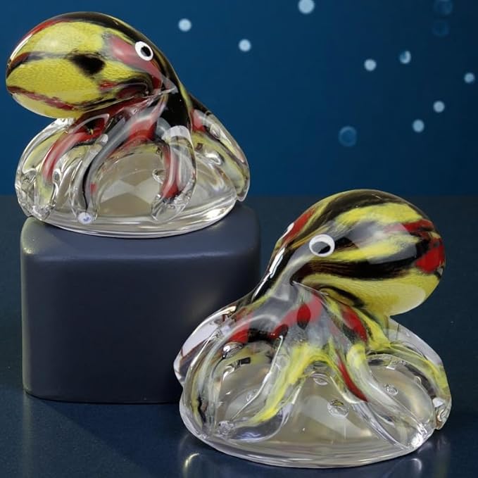 Hand Blown Art Glass Octopus Figurine on Crystal Bubble Ball | Handmade Sea Creature Collectible, Ocean Theme Desk Paperweight & Aquarium Decor