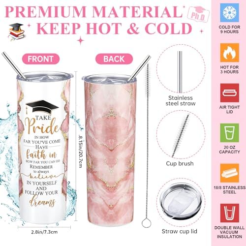 Domensi 6 Pcs Class of 2026 Graduation Gifts for Her Women Rose Pink 20 oz Tumbler Makeup Bag Journal Ballpoint Pen Inspirational Graduation Gifts Set for College High School Daughter Sister Friend - Image 3