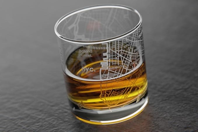 Well Told Engraved New York City Map Rocks Glass, Old Fashioned Whiskey Glass (11 oz, Clear) Etched Whiskey Glass, Gifts For Whiskey Lovers