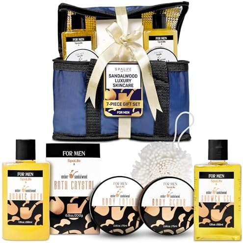 SpaLife Luxury Spa Skincare Sandalwood Gift Set for Men | Mens Body Wash Gifts | Mens Gift Set for Bath and Body | Gifts for Men | Cleansing, Moisturizing, Exfoliating | 7-Piece Bundle by SpaLife